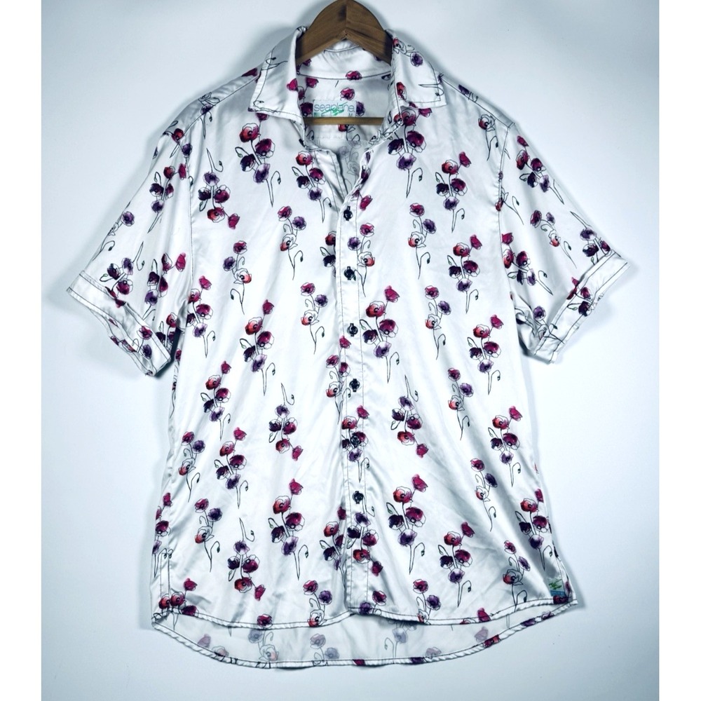 Seaplane Poppy Stems Shirt Mens Medium White Floral Charmeuse Made in USA